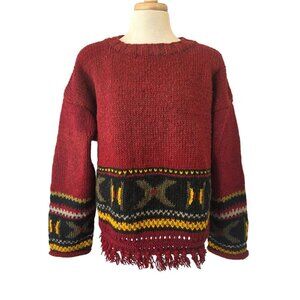 Hand Knit 80s/90s Boho Wool Sweater OverSz Uni M-XL Tribal Fringe Hem Brick Red